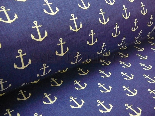 Bavlněná látka - Námořnická kotvy na modré šíře 160 cm