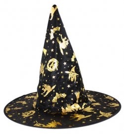 Čarodějnický dětský klobouk zlatý potisk Karneval/Halloween