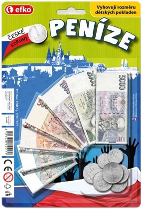 Dětské peníze CZ české koruny bankovky a mince na kartě