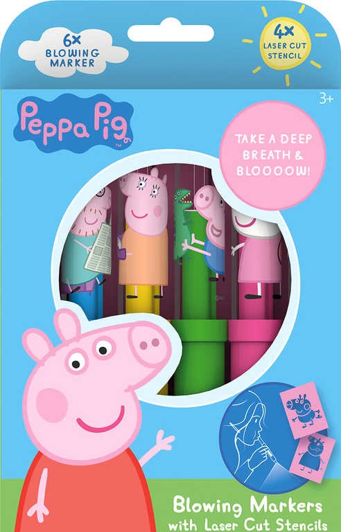 Foukací fixy 6ks prasátko Peppa (Peppa Pig) set se 4 šablonami