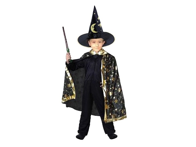 Komplet černá sada MATYÁŠ kostým čaroděj plášť, hůlka a klobouk