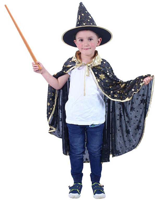 Sada Černý kostým Frigo čaroděj plášť, zvuková hůlka a klobouk